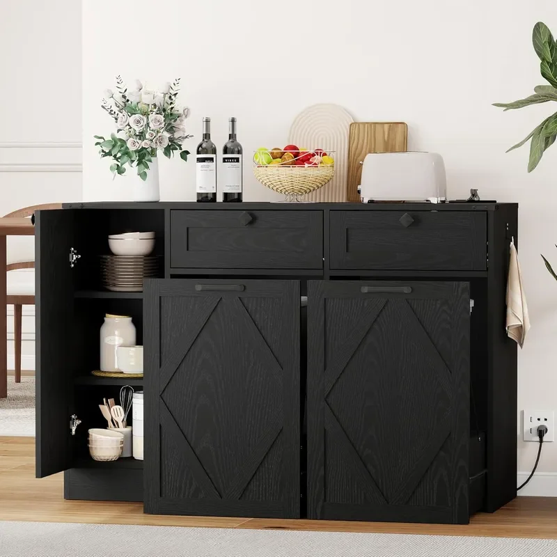 12.5 Gallons Double Kitchen Trash Can Cabinet 47 Wide Pull Out Garbage Cabinet with Charging Station Wooden Hidden Garbage