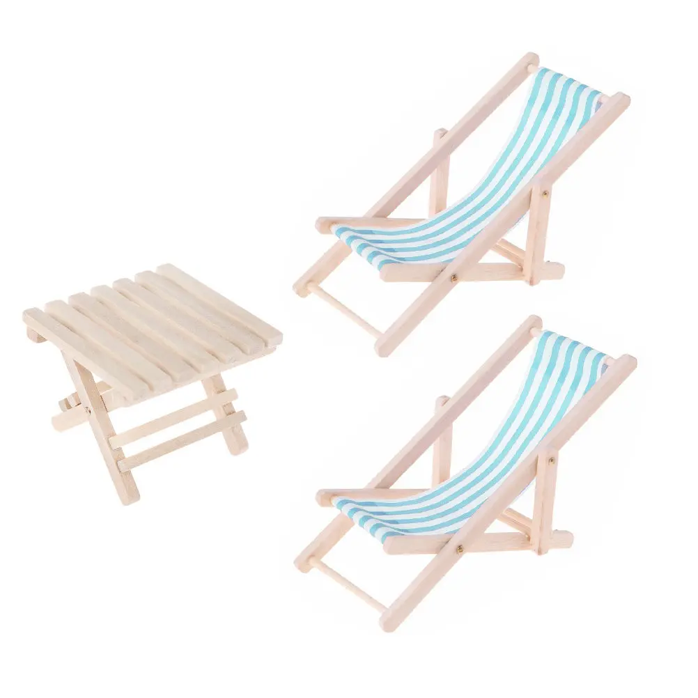 

1Set 1:12 Miniature Furniture Set Wooden Lounge Chair Foldable Beach Table Sky Blue for Miniature House Interior