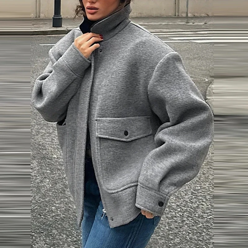 Panzerkragen, lange Ärmel, übergroße Wollmäntel für Damen, Street-Style, umklappbarer Kragen, Reißverschluss, lockere Jacken, modische Damen-Oberbekleidung, neu. – Detail 12