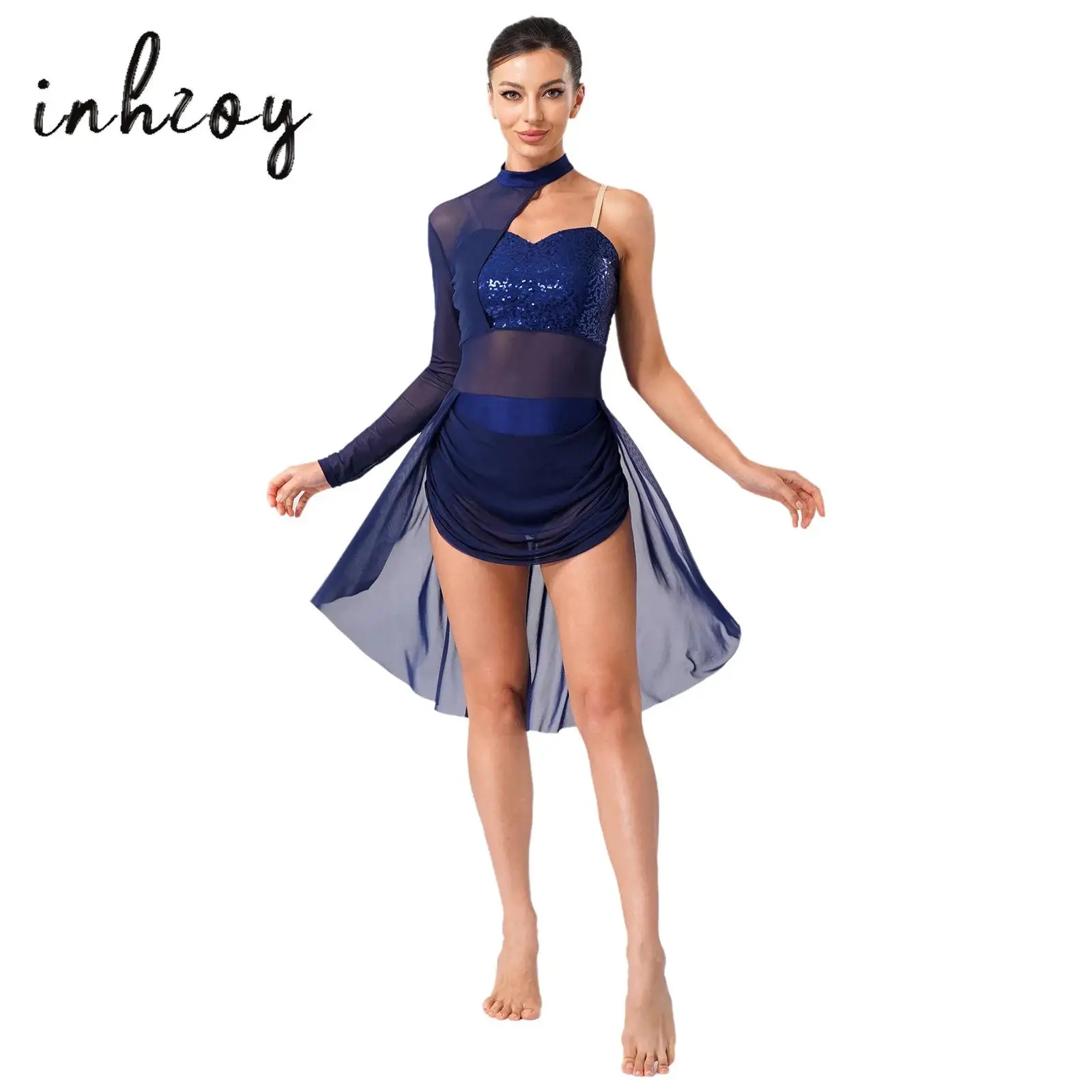 

Women Lyrical Dance Dress Turtleneck Adjustable Spaghetti Strap One Shoulder Single Sleeve See-through Sparkly Sequined Leotard