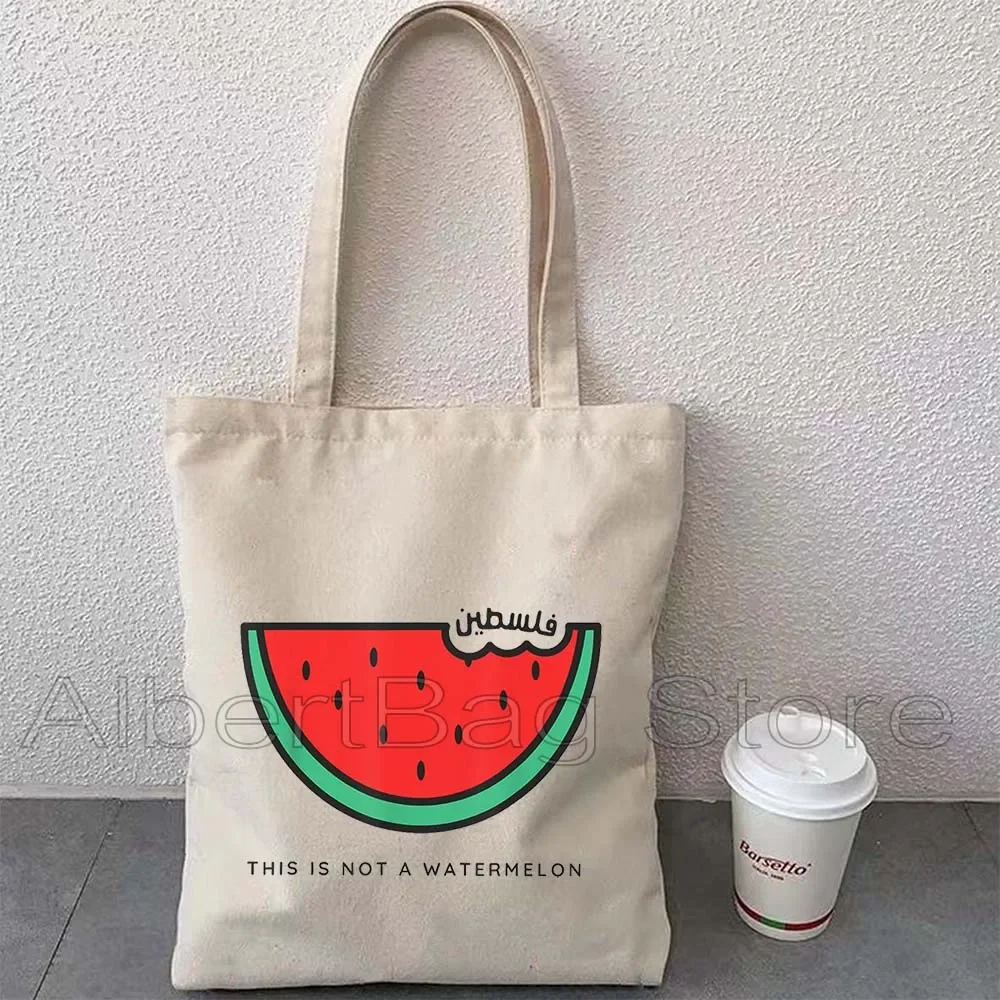 Floral Cute Watermelon Art Gifts Love Peace Embroidery Tatreez Colorful Olive Funny Arabic Words Canvas Tote Bag Shopper Handbag