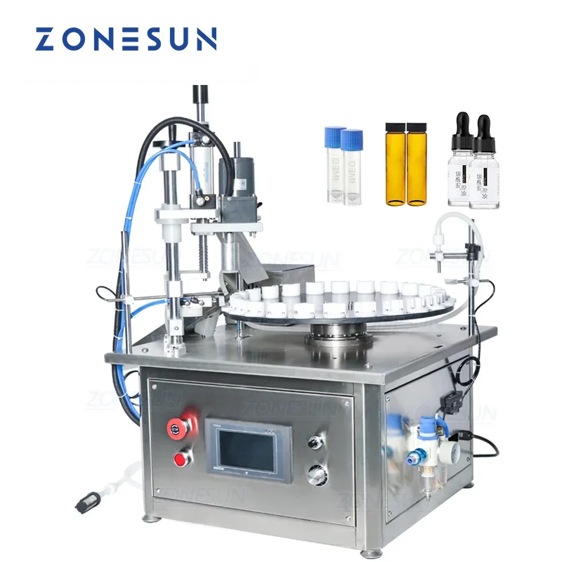 Zonesun 2 em 1 mesa rotativa automática de óleo essencial pequeno reagente frasco de vidro máquina de enchimento e tampagem de garrafas líquidas
