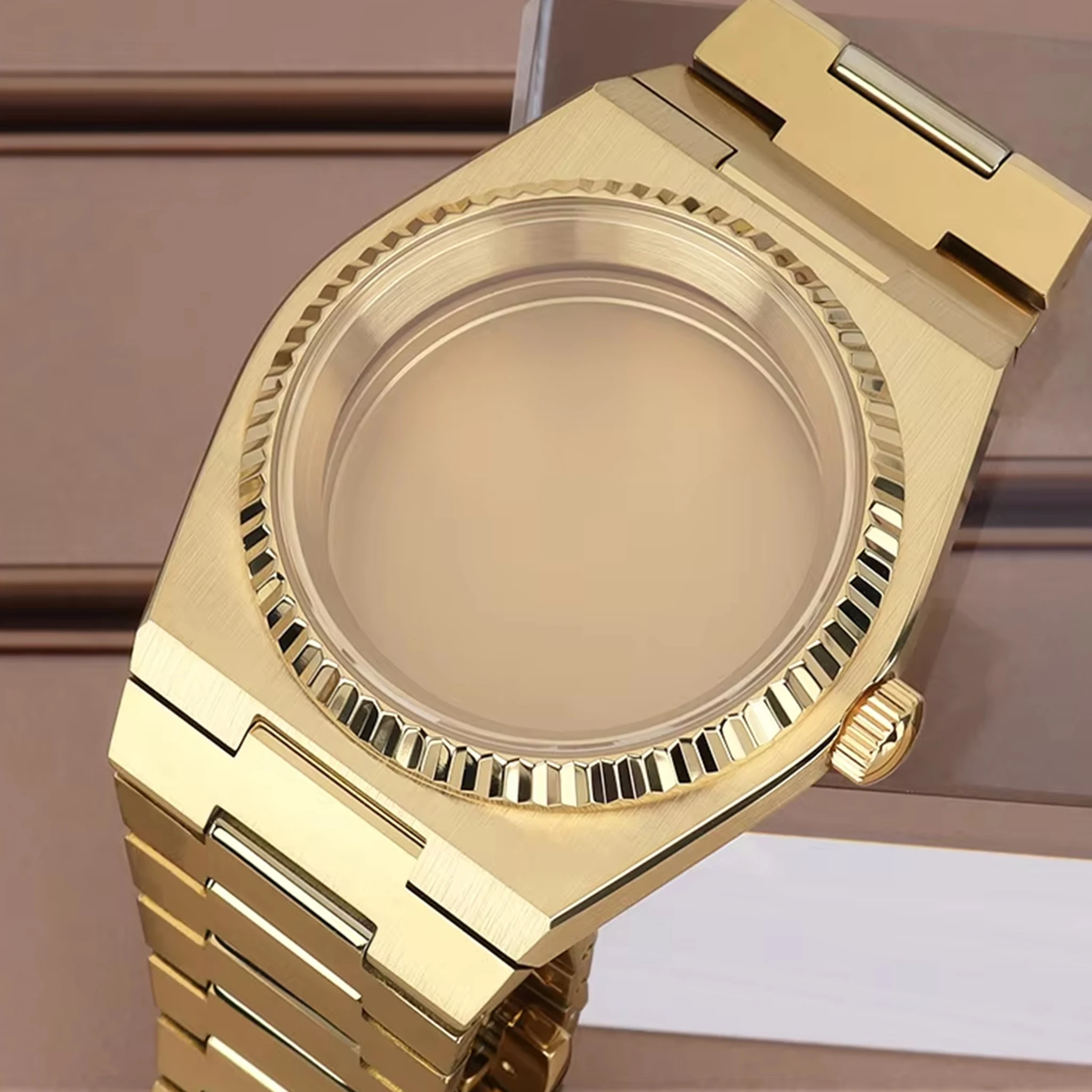 

40mm Gold Brushed Watch Case Waterproof Fluted Bezel Sapphire Glass For PRX Super Player NH35 NH36/38 Movt 316L Steel Strap Part