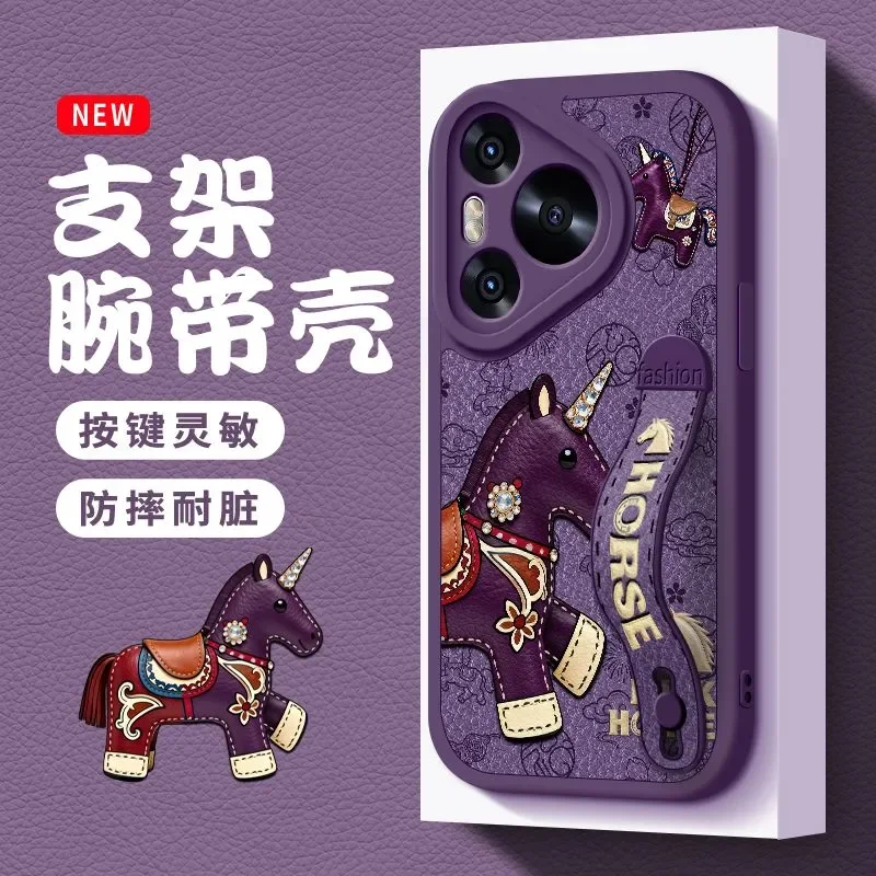 Wrist Strap Stand Phone Case for Huawei Pura 70 80 Pro 70Ultra 80Ultra P50 P60 Pro Cute Pony Horse Soft Cover Protective Cases