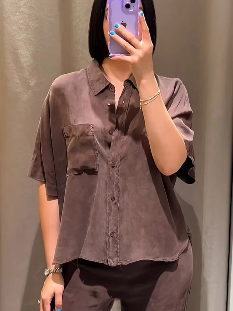 TFMLN ผู้หญิง Chic Top กางเกงชุด Elegant เปิดลงปกเสื้อแขนสั้นเอวสูงตรงกางเกง Chic Lady Leisure ชุด