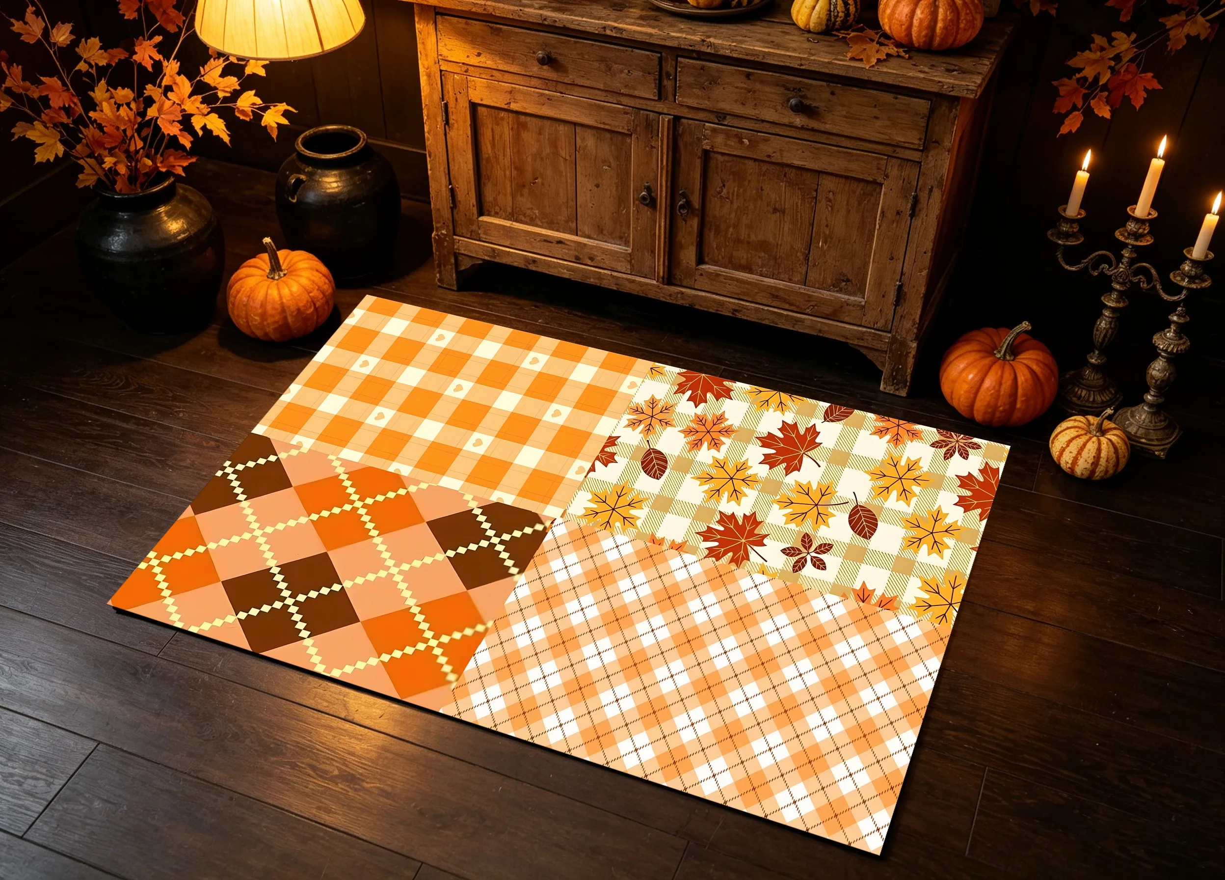 Warm Orange Plaid Patchwork Autumn Maple Leaf American Retro Style Thanksgiving Velvet Rug, Suitable for Living Room, Bedroom, and Entryway, Creating a Warm and Healing Autumn Home Atmosphere