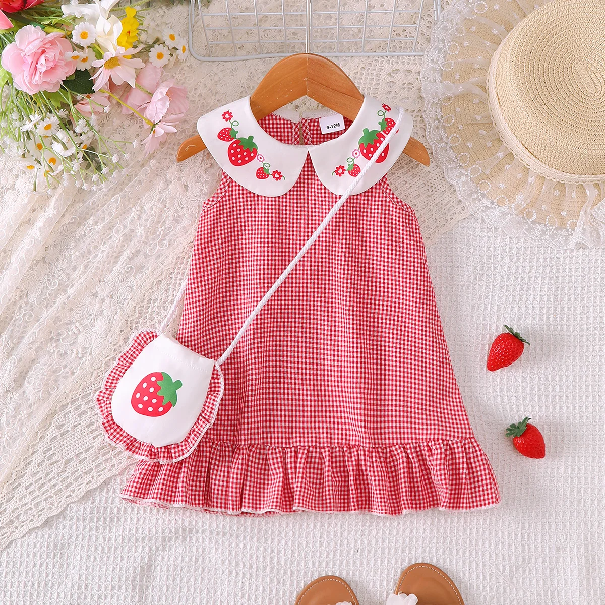 Summer Baby Girl Dress Doll Collar Strawberry Printed Plaid Dresses + Mini Bag Set for Cute Baby Girl Dresses Aged 0-3 Years