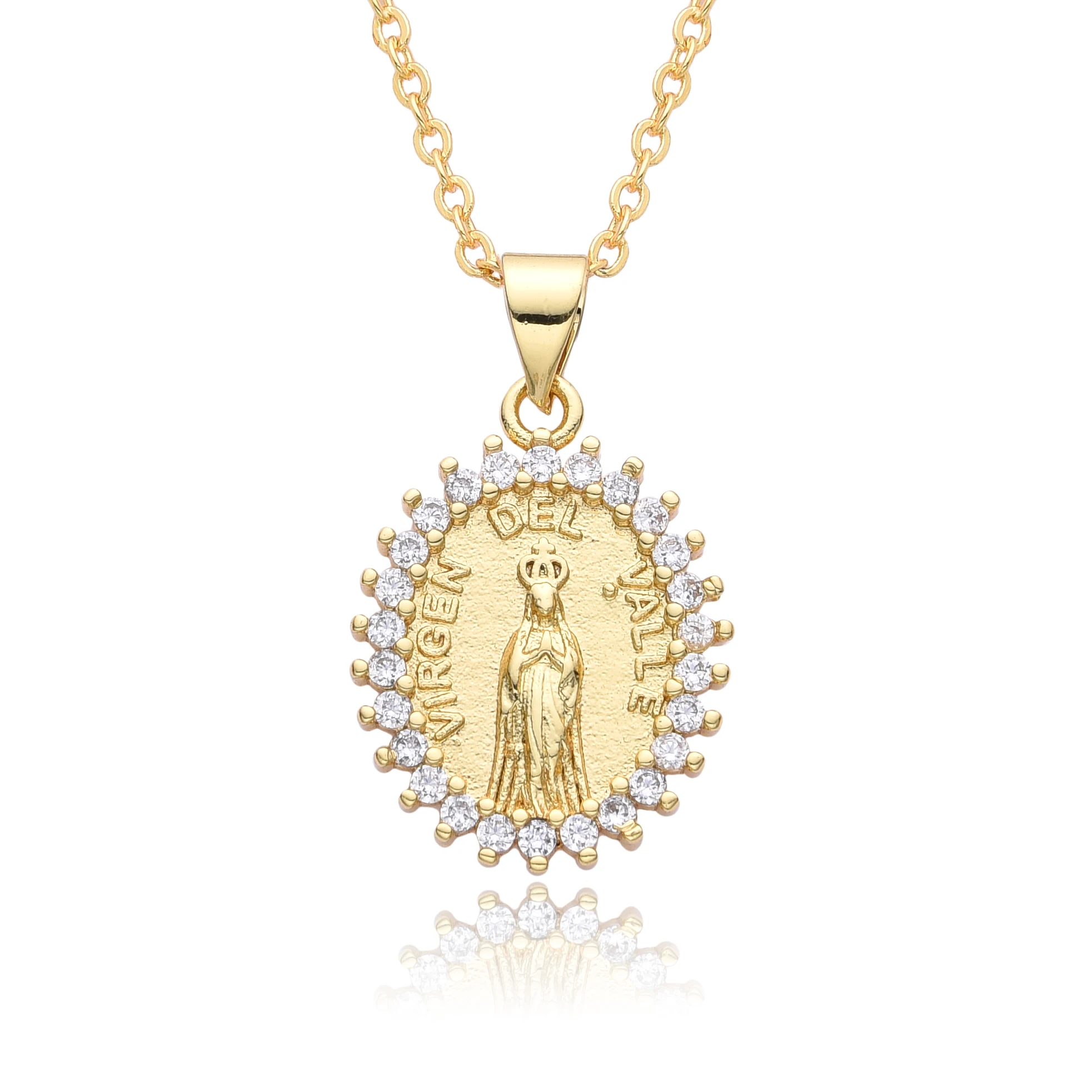 Gold Color Oval Virgin Mary Jesus St. Benedict Charms Cubic Zirconia Guadalupe Necklace for Women Choker Chain Pendant Jewelry