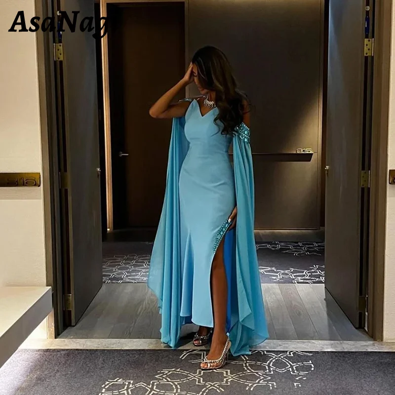 

AsaNagi Stylish V Neck Prom Gowns Women's Crystal Blue Party Evening Gown Ankle Length Slit Simple Saudi Special Occasion Dress