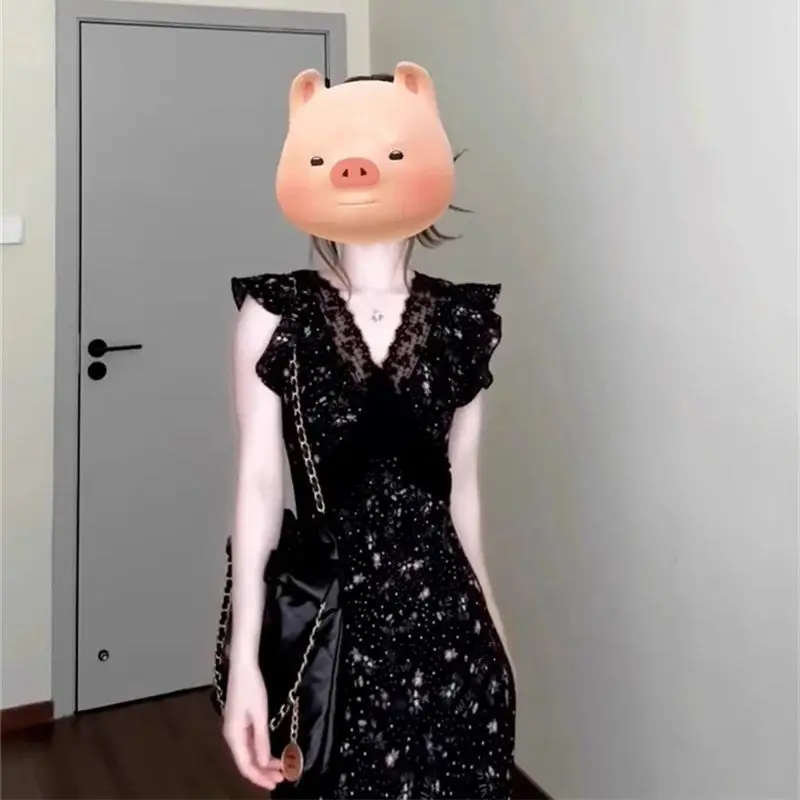 Sensação de alta qualidade estilo Hepburn francês, vestido floral super lindo com decote em V, lindo e exclusivo vestido de pausa para chá cinched na cintura,