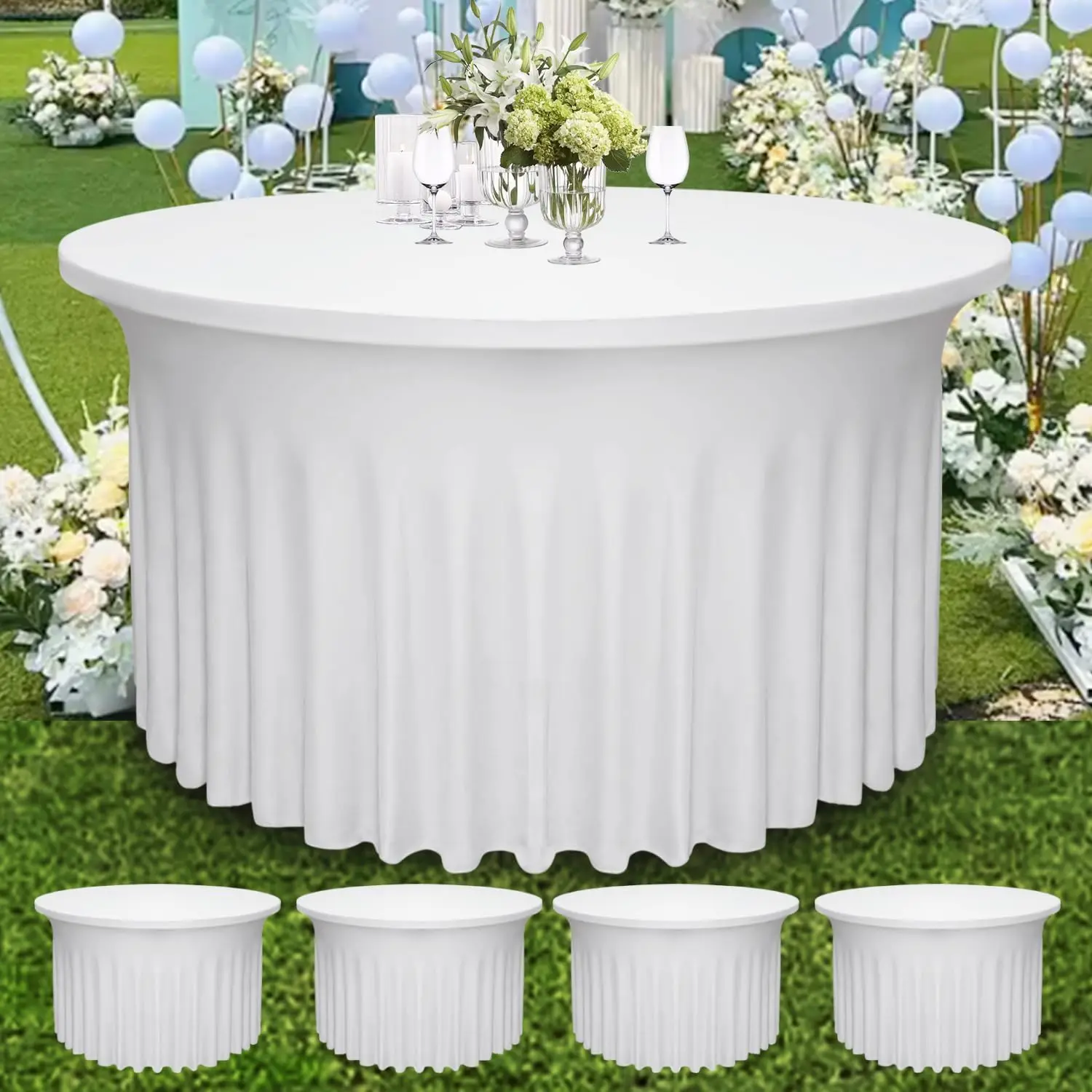 

4 Pack 48"" Diameter X 30"" Height White Round Table Skirt | Fits 4Ft Round Tables |Polyester Spandex Round Table Cloths With