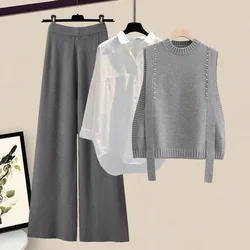 Ensemble 3 Pièces Élégant pour Femme, Chemise Blanche Glacée + Pantalon à Jambes Larges, Vêtements de Bureau, Automne et Hiver 2024