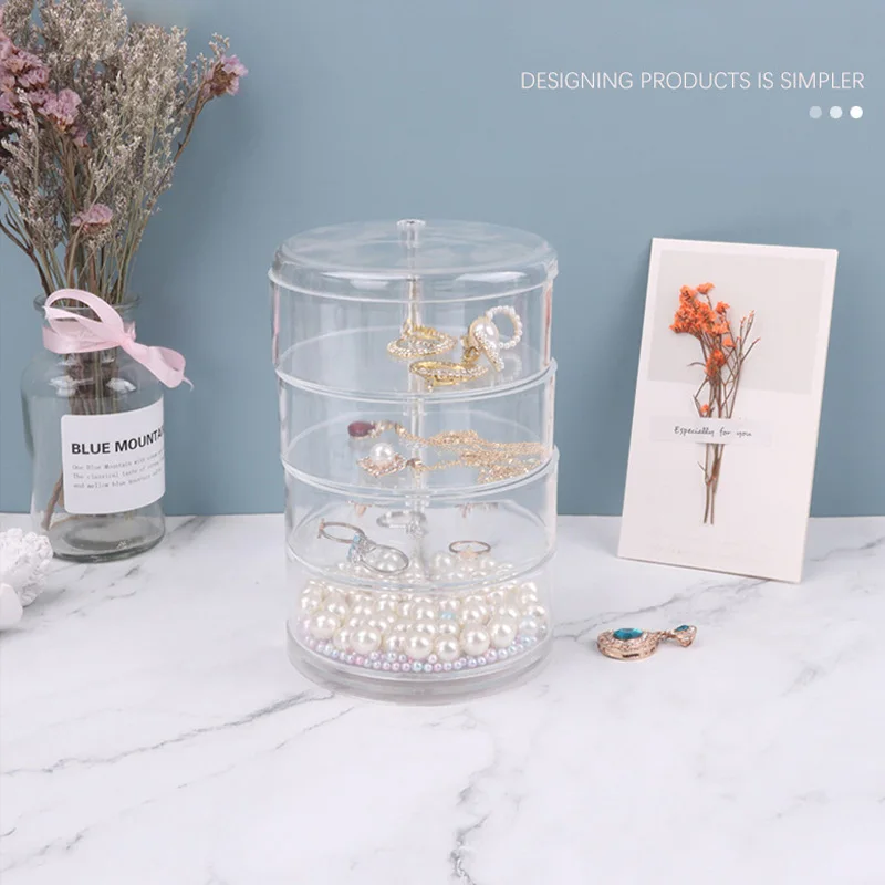 Multi-layer Transparent Rotating Jewelry Box Jewelry Earrings Hand Necklace Dust Storage Box Small Objects Round Box