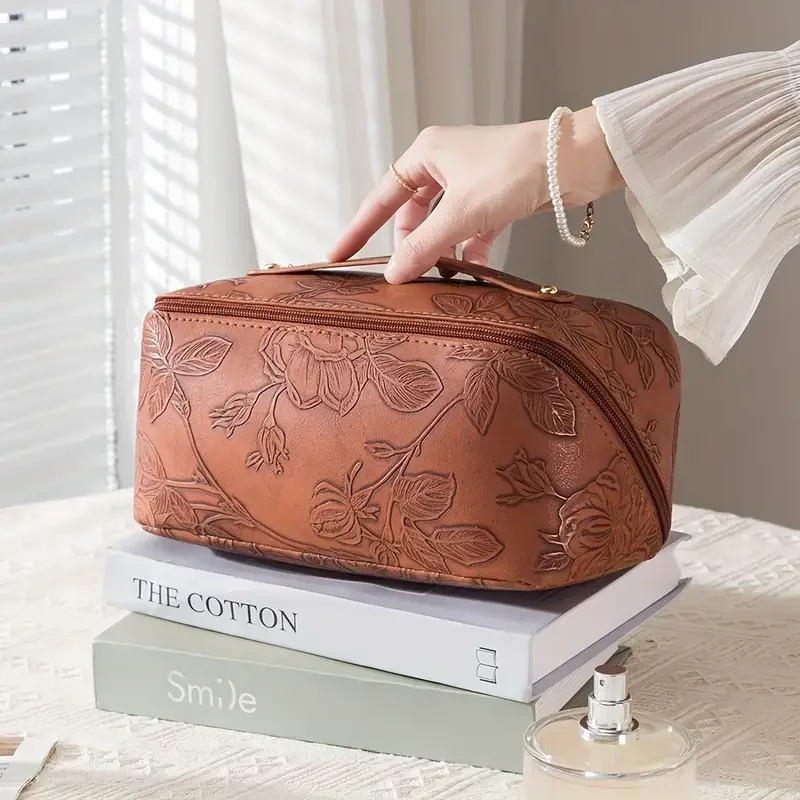 Borsa cosmetica da donna con fiore Vintage borsa da viaggio con cerniera da viaggio di grande capacità per il trucco del cuscino portatile di moda