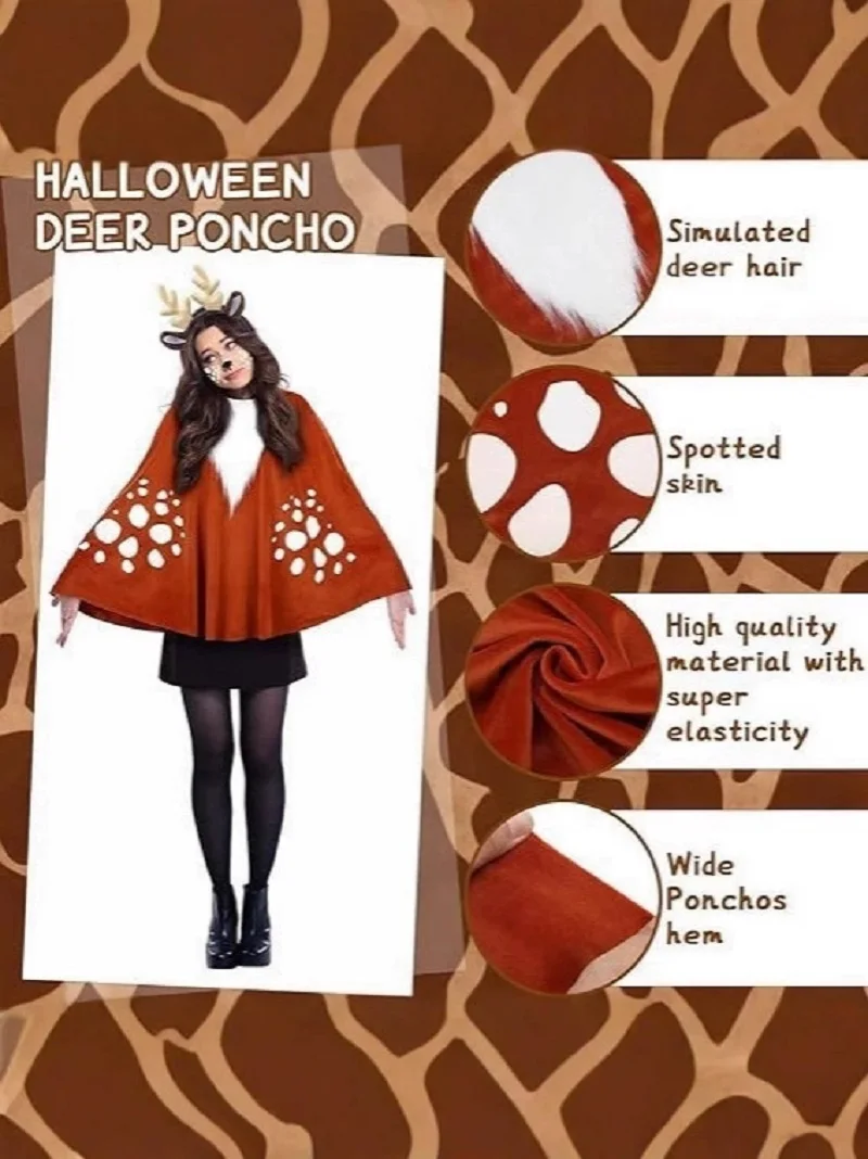 Gilr's Elk Fur Cape Halloween Christmas Cloak Hairband Face Sticker Set