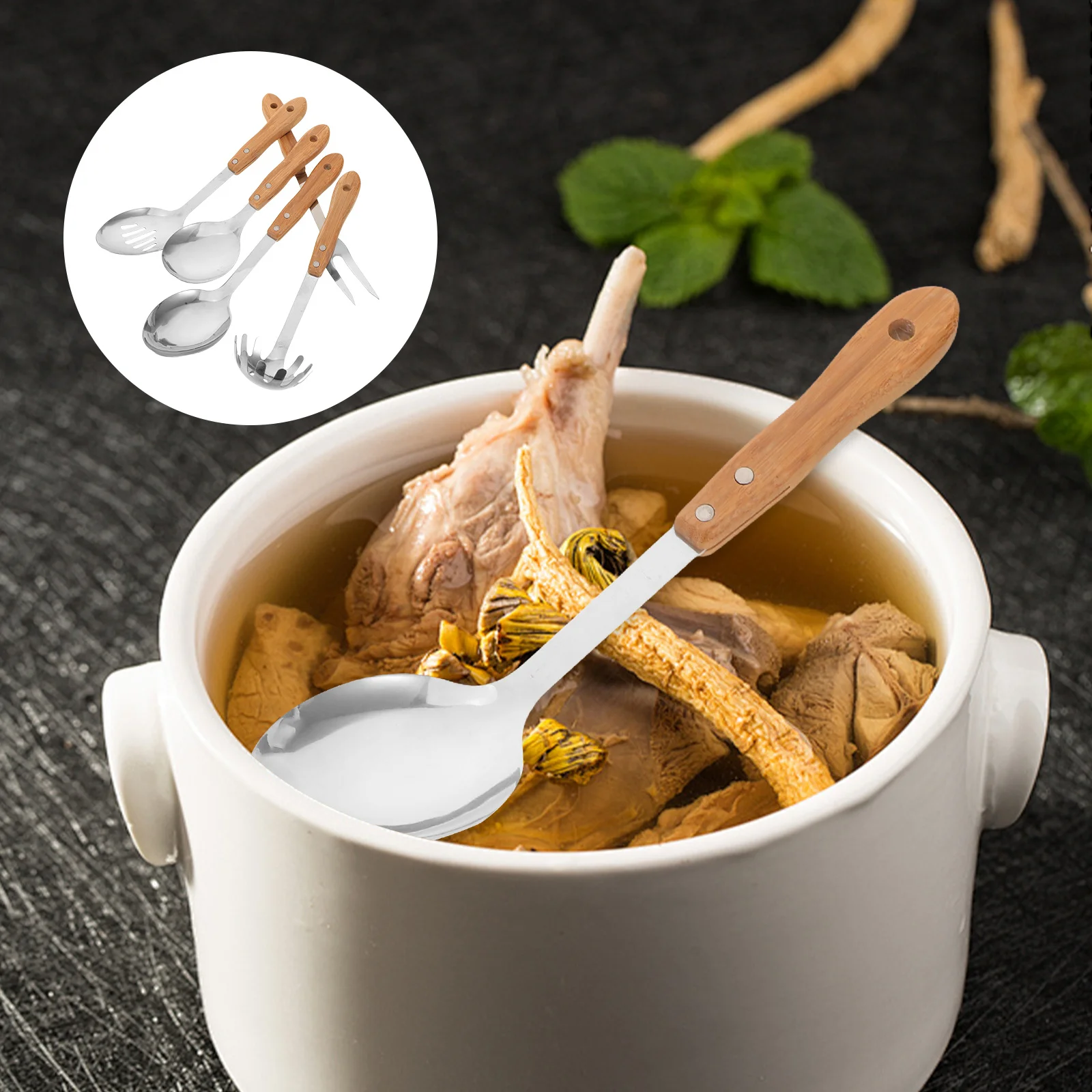 

5Pcs Bamboo Kitchen Utensil Set Stainless Steel Construction Comfortable Grip Pasta Server Salad Tongs Ladle Spoon