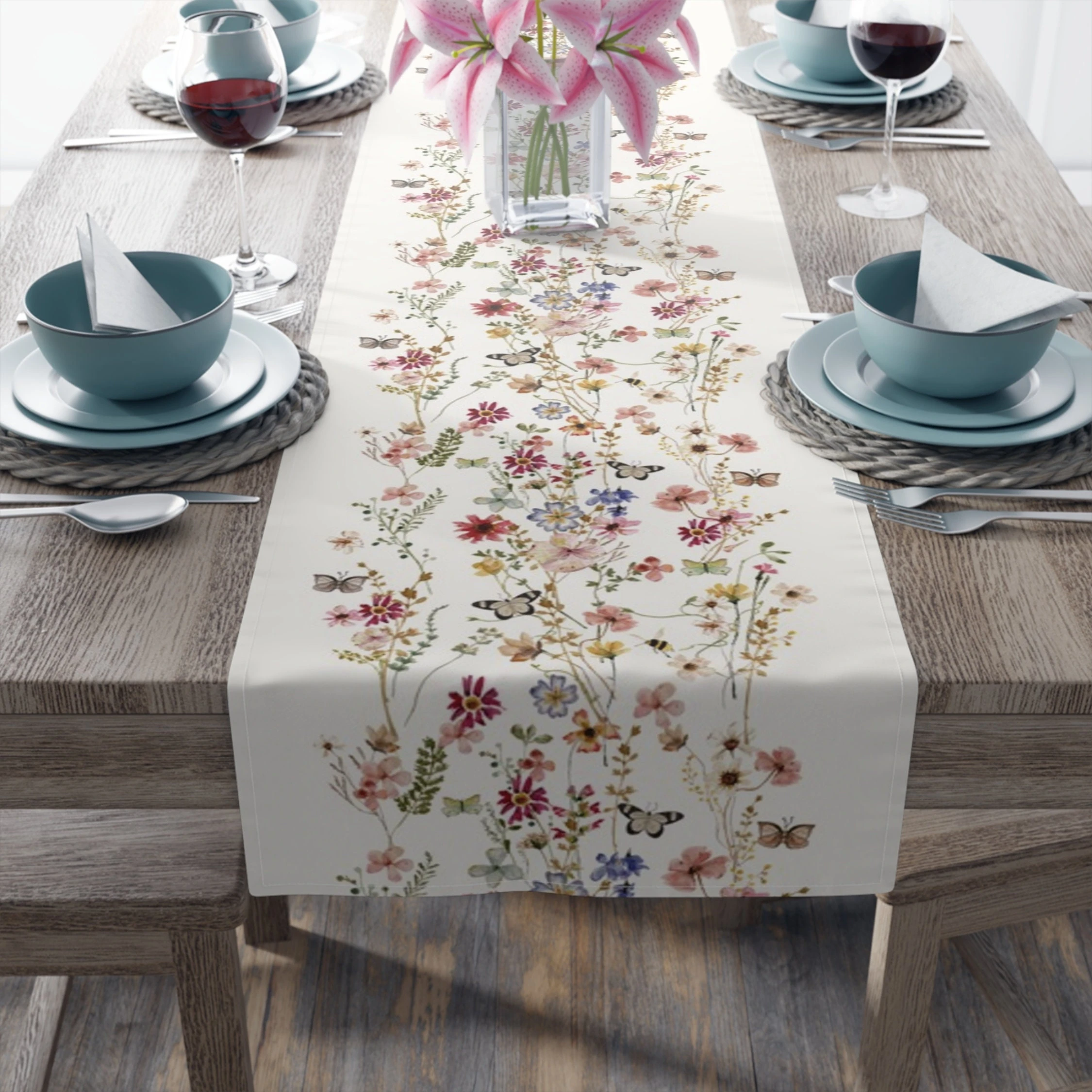 Aquarell-Tischläufer mit Wildblumen-Motiv, botanischer Druck, Frühlingsdekoration für den Esstisch