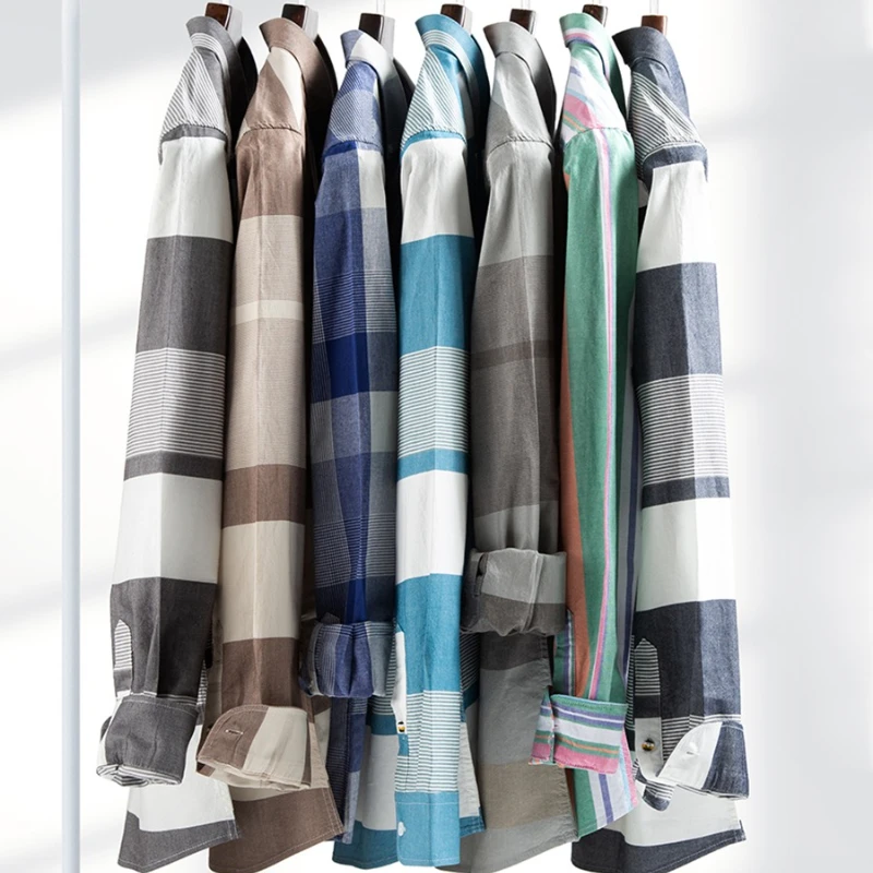 

100% Cotton Business Casual Men's Regular Fit Shirt Oxford Spinning Trend Dress Plaid Long-sleeved Jacket Shirt Men's Clothes