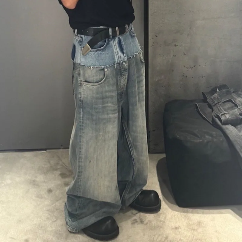 HKSH Spring Autumn New Men Tide Punk Ripped Denim Pants Women Spliced Double Layer Waist Baggy Jeans Streetwear Chic Ins HK3747