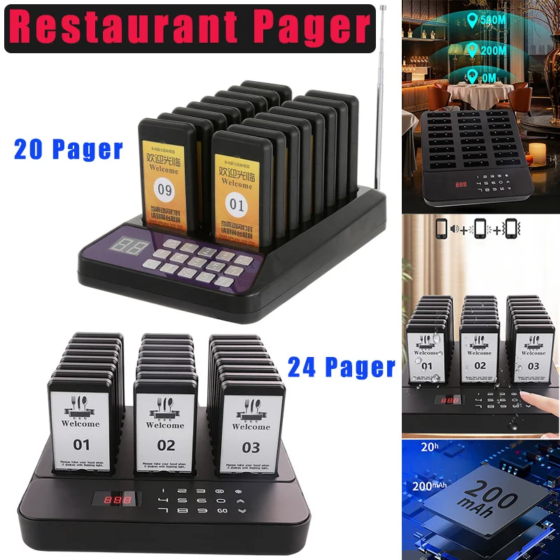 Restaurant Pager Wireless Calling System-Style 3 Caller Buzzer Beeper Bell Receiver 24 Coasters for Bar Cafe Truck Hotel Church