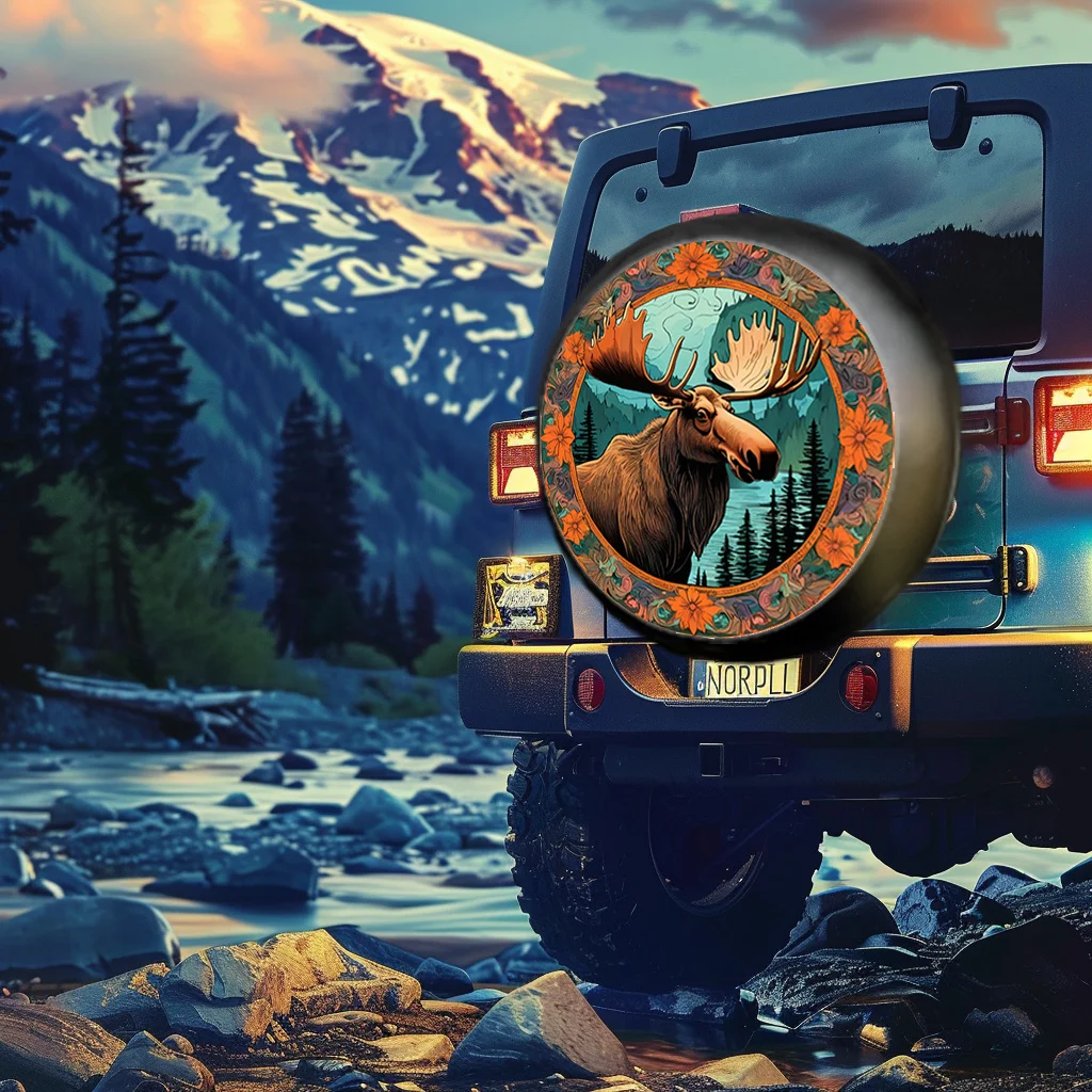 1pc Moose & Forest Design Car Tire Cover - Tear-Resistant High-Elastic Polyester Fabric, Fit For SUVs/Trucks/Cars, All-Season Pr