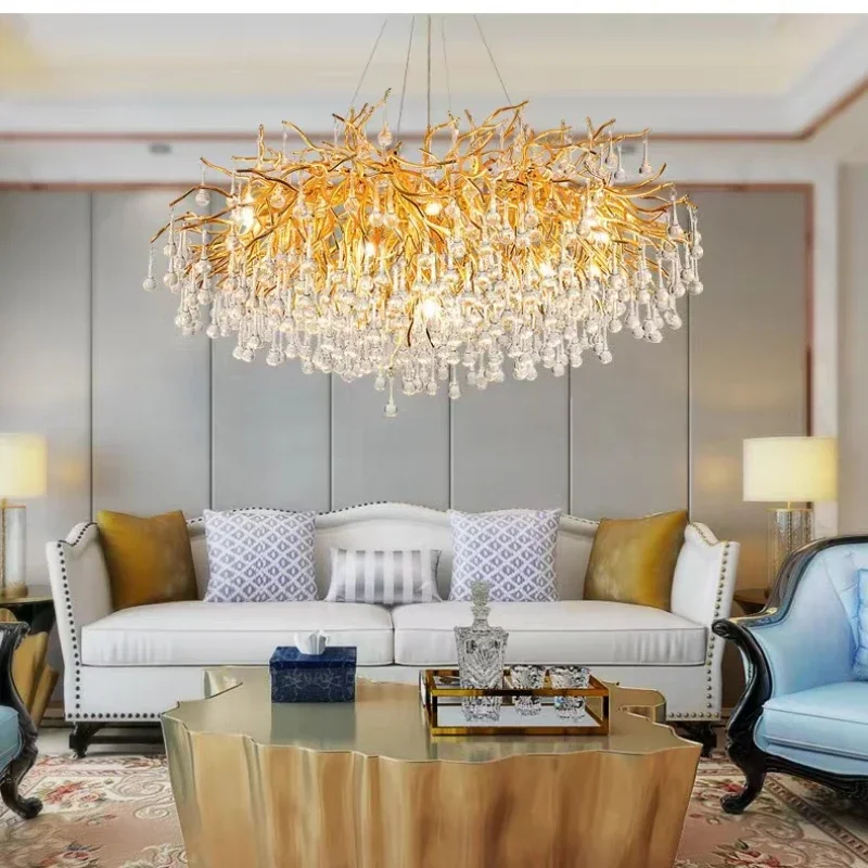 Branch-shaped light luxury golden crystal chandelier long living room dining room indoor gloss lamp LED hall round chandelier