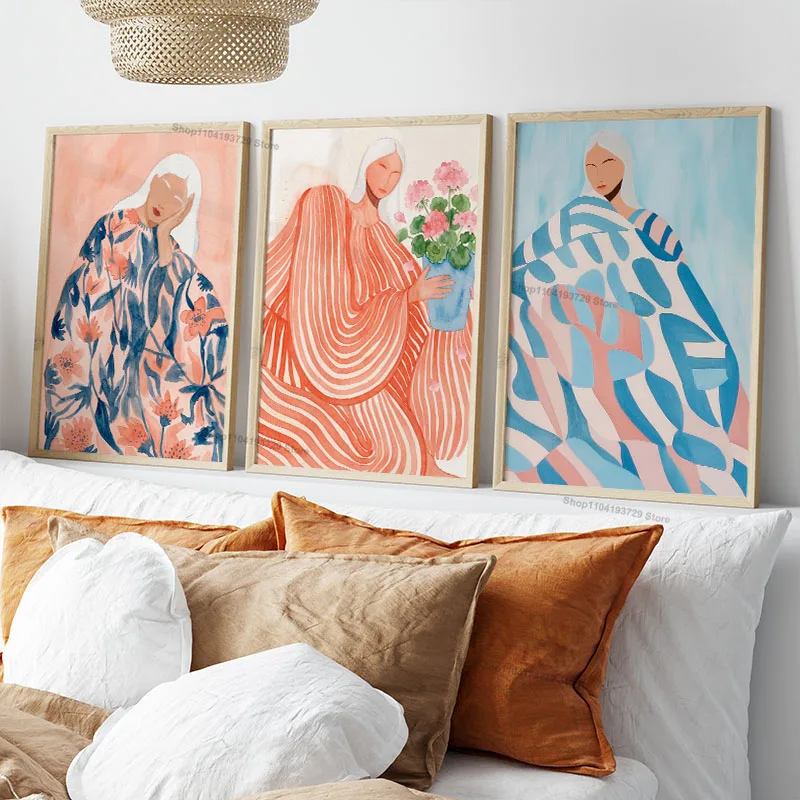 Fashion Pajama Girl Flowers Abstract Gallery Retro Poster And Prints Wall Art Canvas Painting Picture For Living Room Home Decor