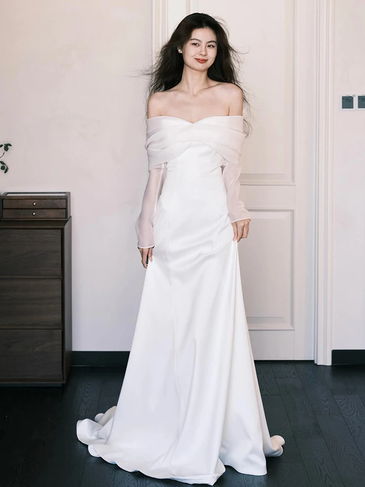 Matrimonio leggero in raso di seta Dr One oulder Abito da sposa lungo Sve Foto di viaggio all'aperto Nuovo vestito Ele 2025