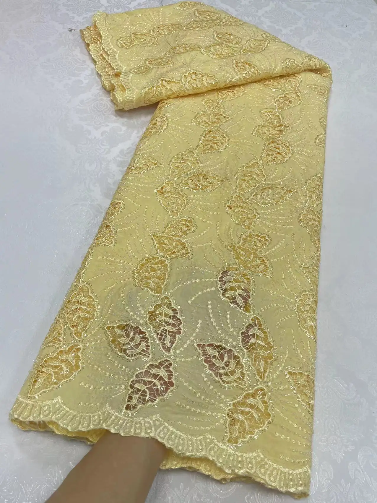 

2024 High Quality African Nigerian Lace Fabric Embroidery Tulle Pure Wedding Party Dress Guipure SequinsFor Sewing Beads 5yards