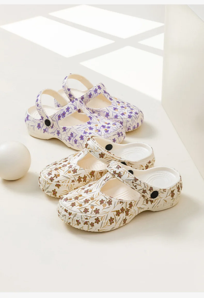 Neue Sommer-Damen-Clogs mit Aufdruck, Geschlossener Zehenbereich, Dicker Rutschfester Sohle, für Outdoor, Strand und Garten – Detail 15