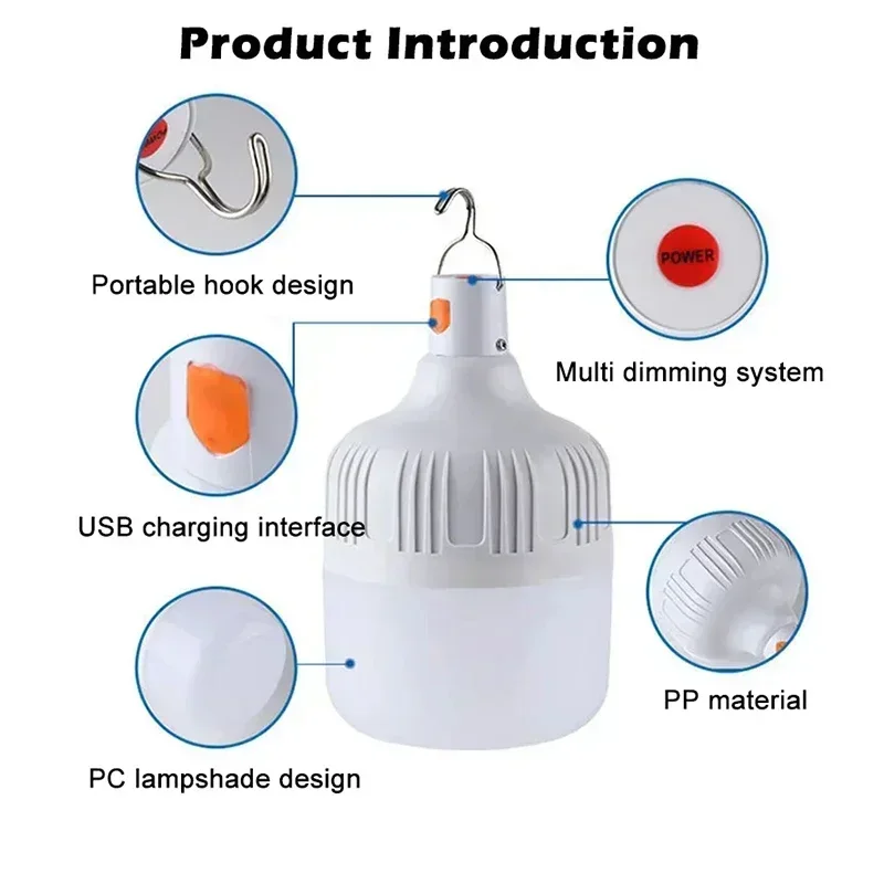 100-500W Rechargeable Portable LED Emergency Lights Outdoor Portable Lanterns Hanging Camping Energy Saving Bulb for Garden Tent