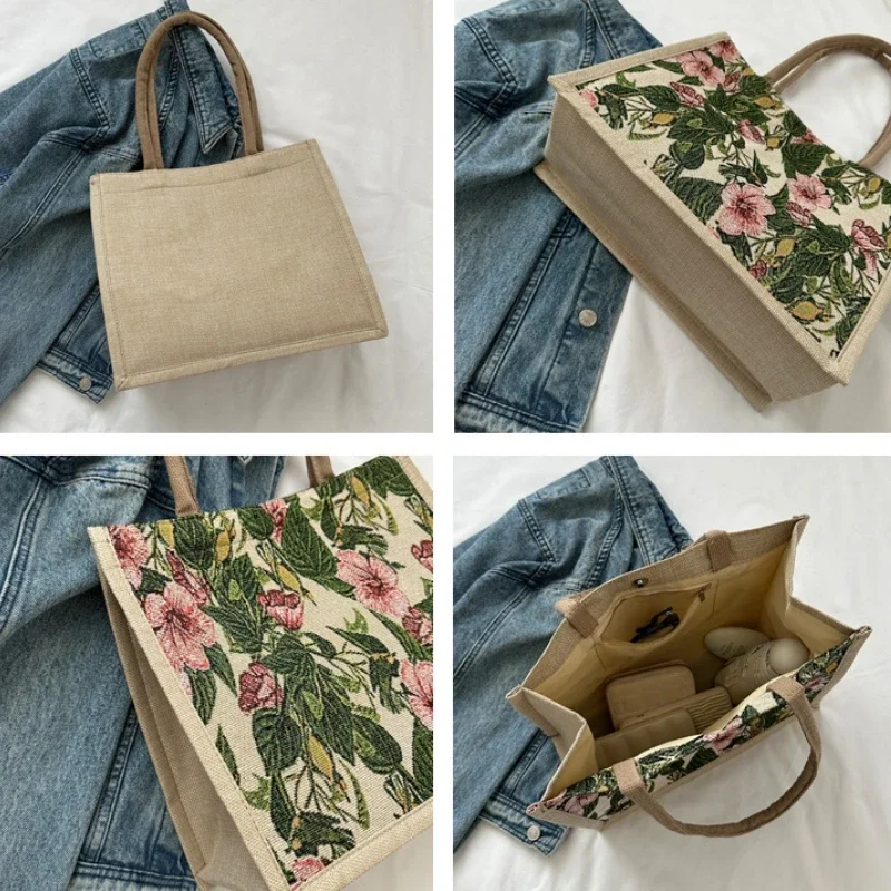 Linen Button Vintage Handbag Women Tote Large Capacity Grocery Bag Gift Bag Beach Organizer Portable Shopping Lunch Bag Retro