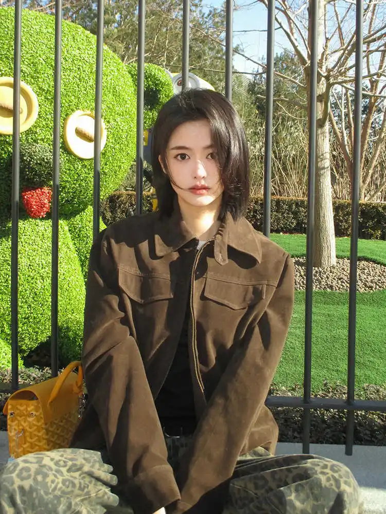 

Women's Coffee Colored Polo Collar Vintage Coat Spring Autumn Casual Top Vintage Outerwear Female Long Sleeved Jacket
