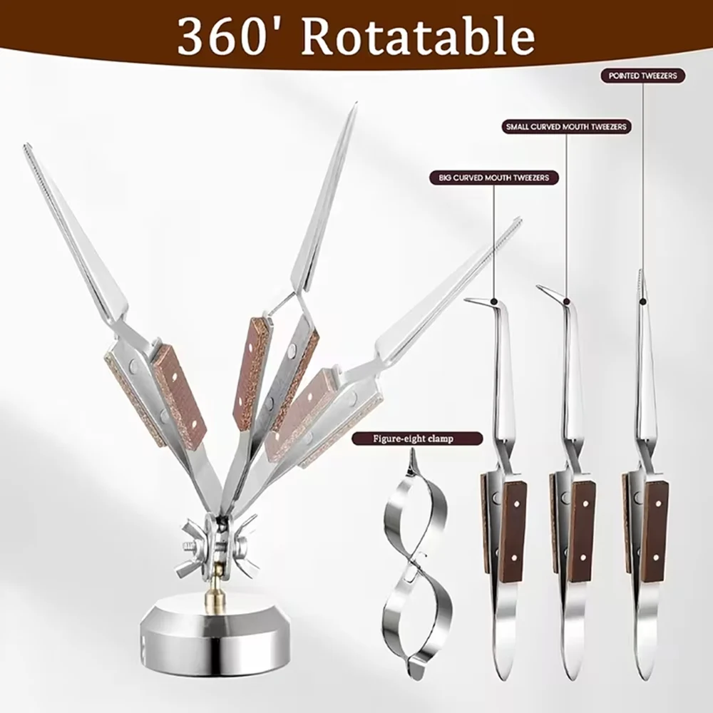 6Pcs Soldering Tweezers set 3 Cross-lock Soldering Tweezers 2 Tweezers with Base + 8-shaped Gourd Pliers Jewelry Making Kit