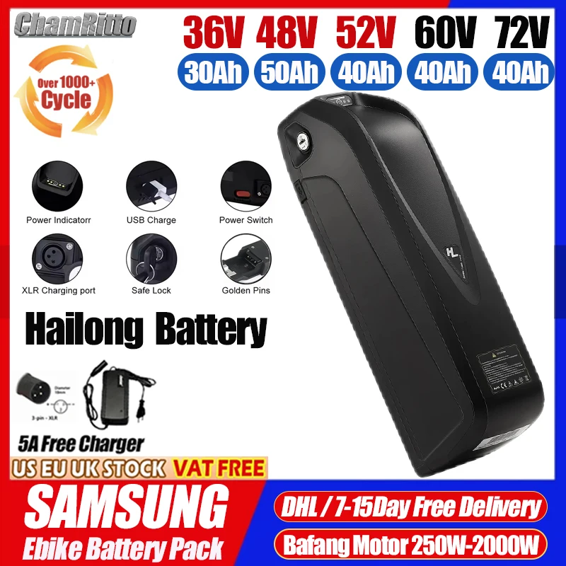 E bike Electric Bicycle 36V 48V 52V 750w cham rider Hailong Battery 72V 60V Bafang 2000W 20/30/40/50/60ah 1000w Lithium Battery