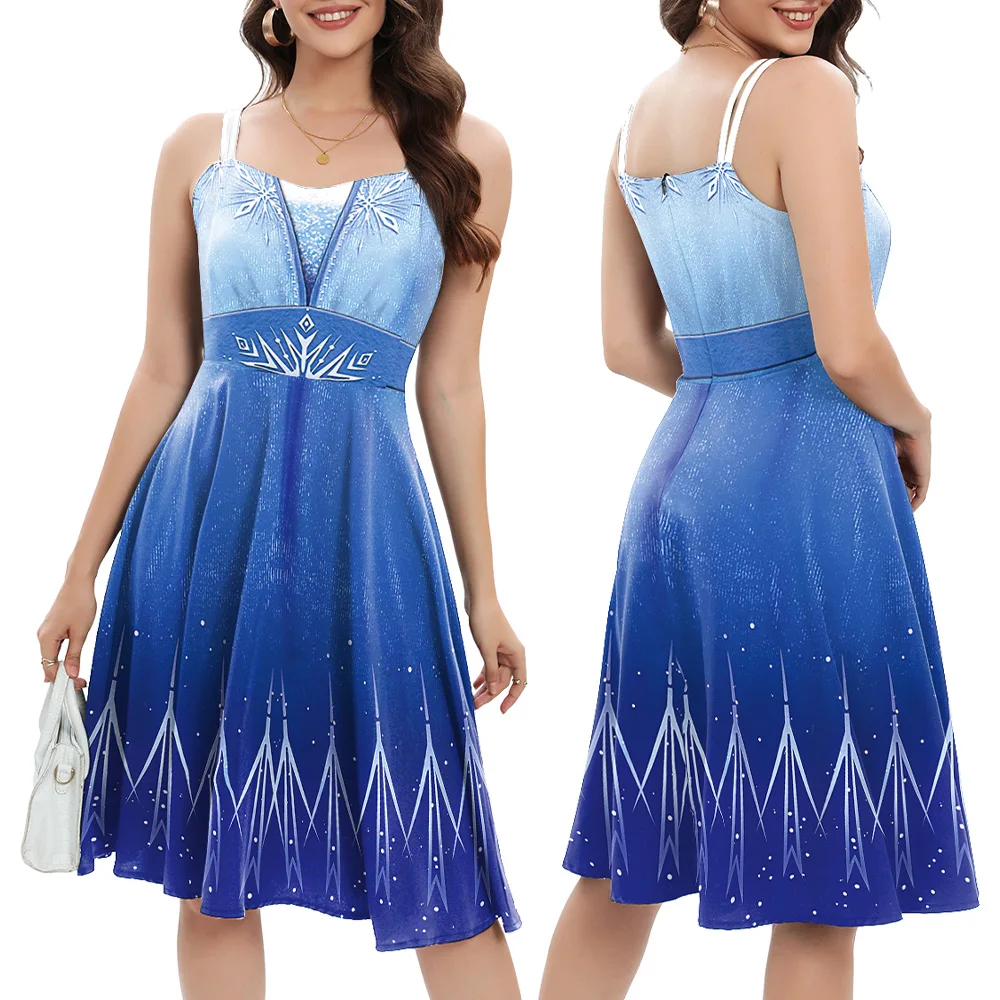 

Fancy Cosplay Elsa Princess Dresses Halloween Party Costumes Women Blue Snow Printing Dress Movie Carnival Performance Outfits