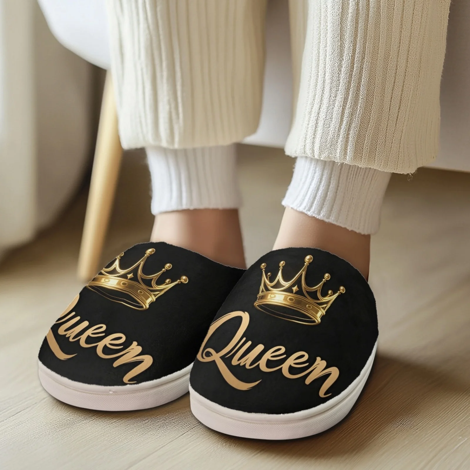 PENSTROLL Golden Queen Crown Fuzzy Slippers Size 35-47, Flannel Cotton Home Shoes for Bedroom Bath Healthcare Workers