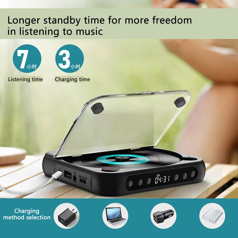 Portable Bluetooth CD Player USB Playback USB-C Charging Gift for Study Music Grandparents 6 Modes A-B Repeat Timer