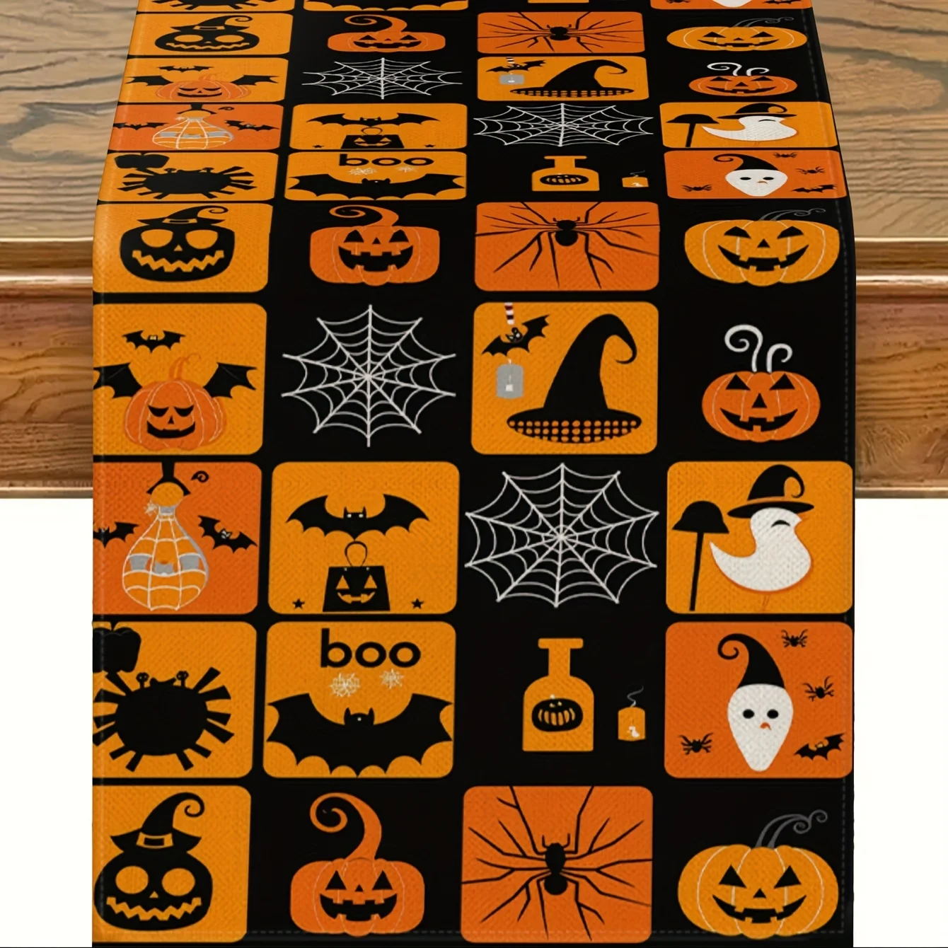 1 Piece of Halloween-Themed Table Runner, Black Background with Orange Grid Painted Pumpkins, Bats, Ghosts and Other Elements, Suitable for Halloween Parties, Theme Restaurants, Haunted House Decorations, Holiday Markets, Kidsren's Activities, Creative Studios, Bar Decorations, and Home Atmosphere Creation