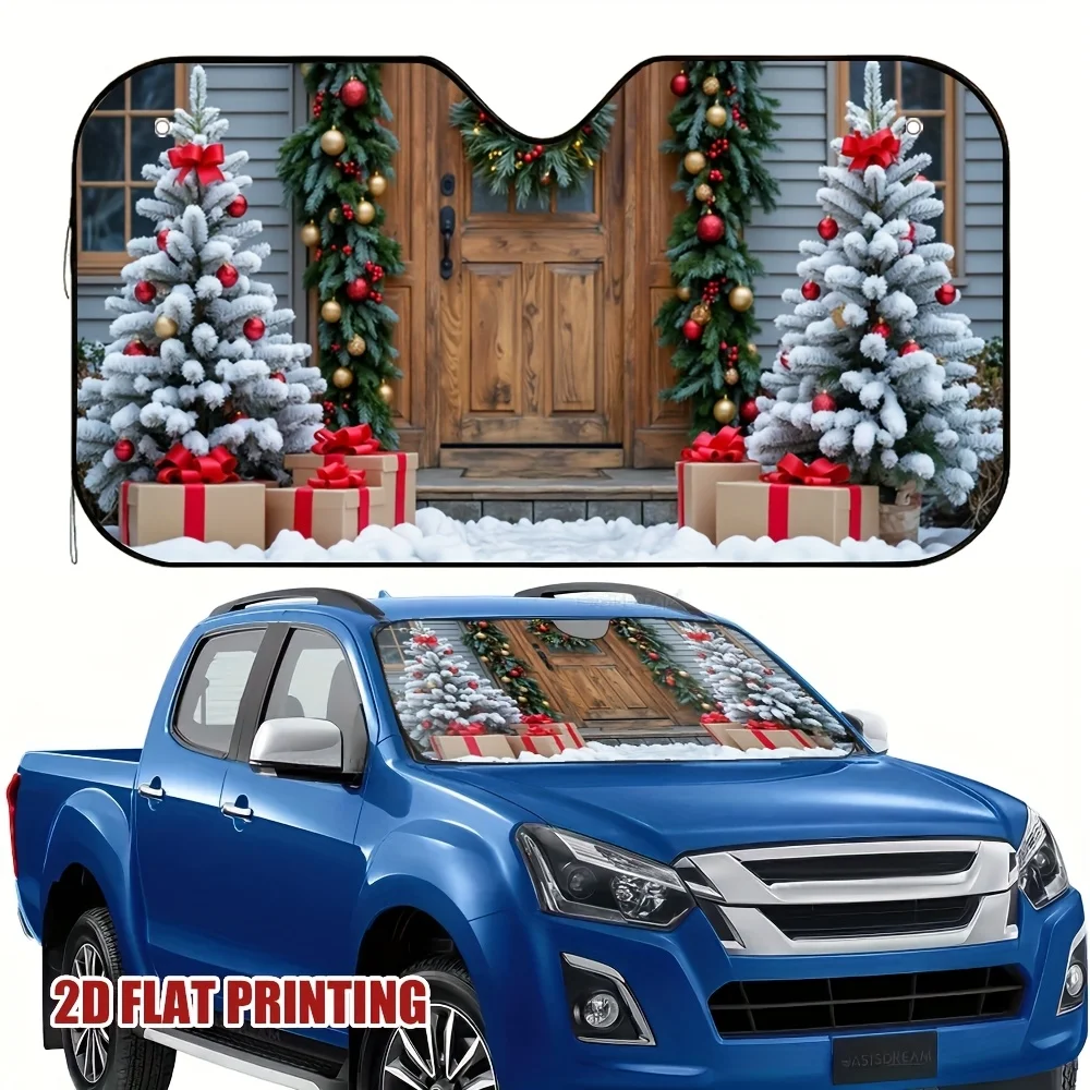 2D Flat, 1pc Festive Christmas Windshield Sunshade for Cars 2D Flat Printing Snowy Pine Tree Gift Box Design
