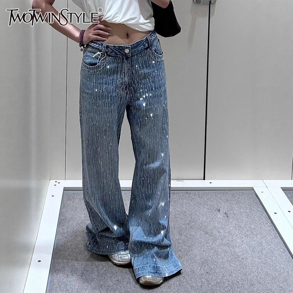 TWOTWINSTYLE ブルー スプライス ダイヤモンド ラグジュアリー トラウザーズ 女性用 ハイウエスト ルーズ アメリカン レトロ レディース ワイドレッグパンツ 秋ファッション