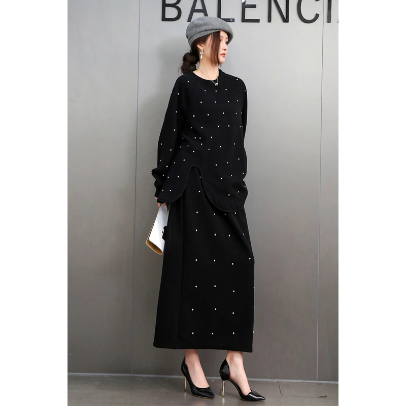 2025 Spring New Fashion Elegant Black Set Women Loose Nail Drill Top+Skirt Two-piece Set J742