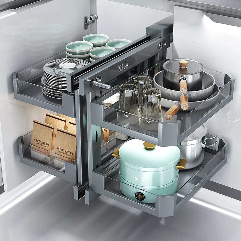 HNOSS Modern Design In-Cabinet Pull Out Drawers Kitchen Aluminum Pantry Revolving Magic Corner Basket Blind Corner Cabinet