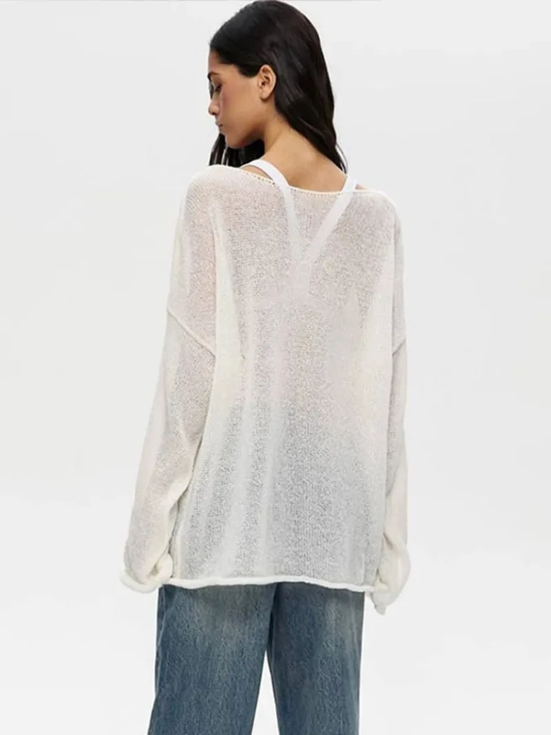 Knitted See Through Top Shirts Women Loose Long Sleeve Mesh Pullover Sweatshirt Elegant Solid 2024 Spring Lady Y2K Streetwear