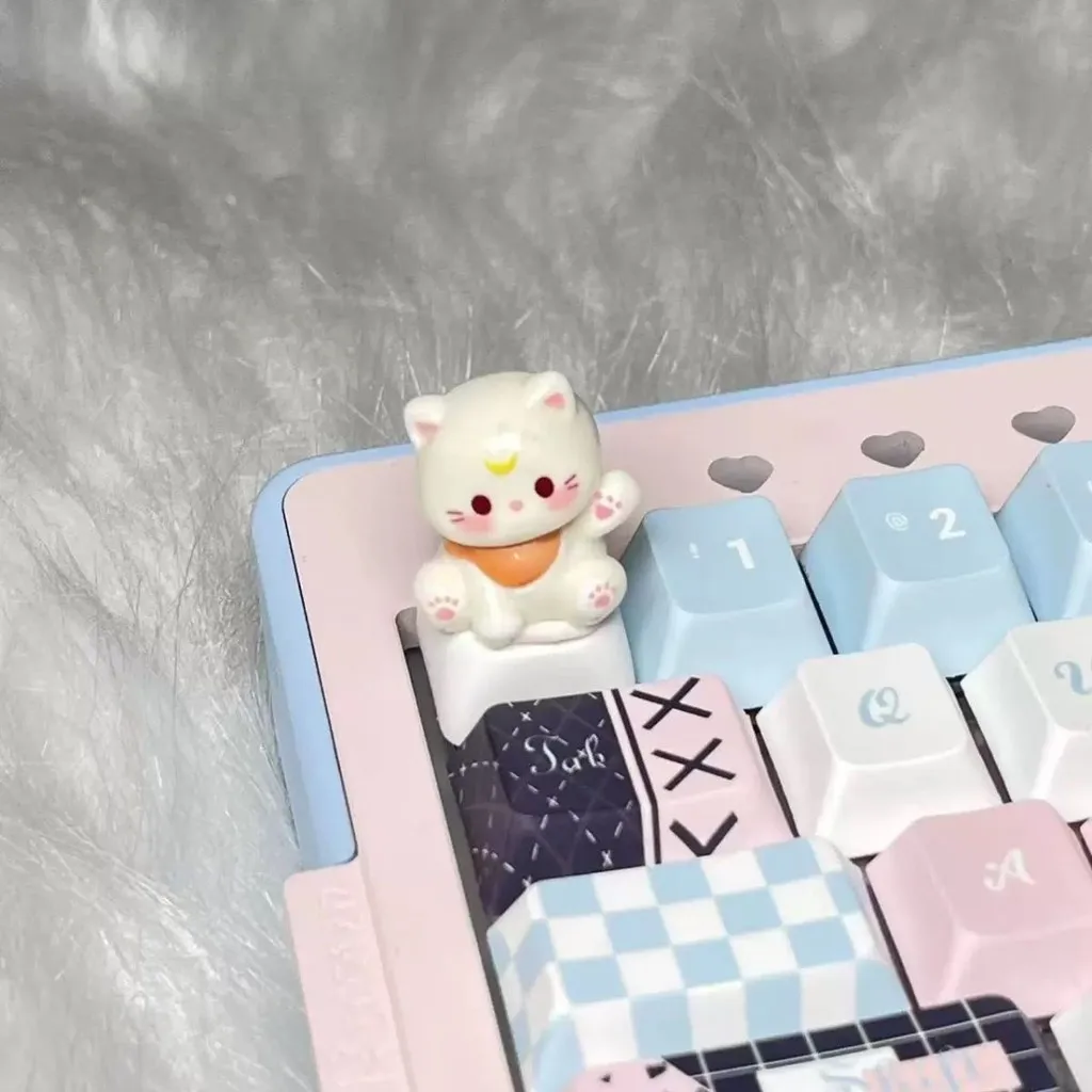 Teclado mecánico de eje transversal personalizado hecho a mano con gato de dibujos animados en 3D, teclas R4, teclas creativas personalizadas