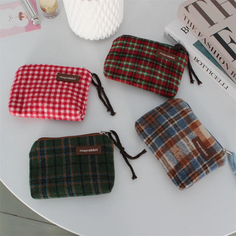Retro Plaid Coins Wallet Mini Small Coin Pouch Portable Lipstick Key Pouch Zipper Coin Purse Id Card Bag Children Cute Purse