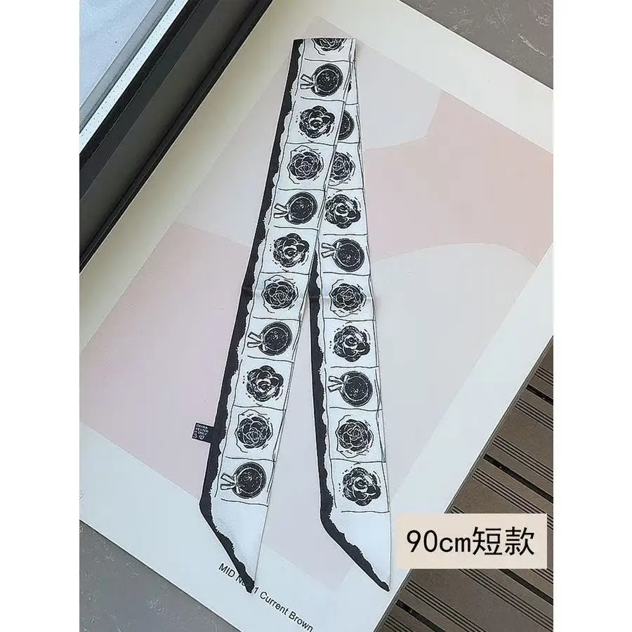 

Black and White Flower Long Silk Scarf Commuter Belt Hair Tie Headband Streamer Tied Bag Ribbon Small Scarf Women's Scarf 5*90cm