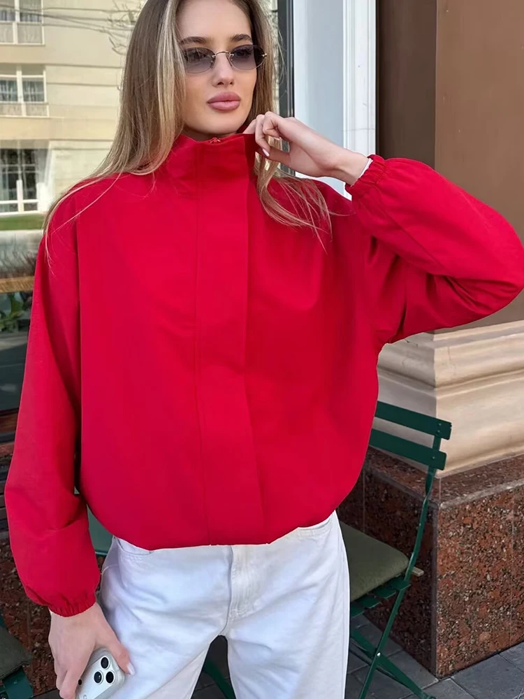 TFMLN 2026 Neue Damen-Jacke mit Stehkragen in Rot, Lässige Frühlings- und Sommermode, Kurze, Schlichte Damenjacke mit Langen Ärmeln