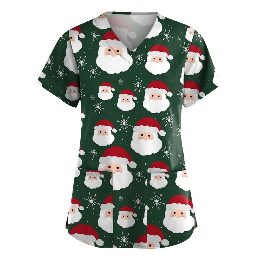 Women T-Shirt Nuring Uniform Fashion Merry Christmas Print Short Sleeve V Neck Tops Nursed Working Blouse Care Nurse Scrub Shirt