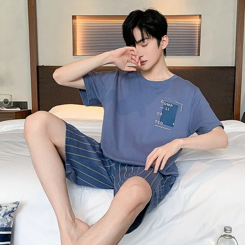 Korean Fashion Cotton Nightwear Men's Summer Short Sleeves Shorts Pajamas Set Home Clothes Young Boy 3XL Loungewear Hombre